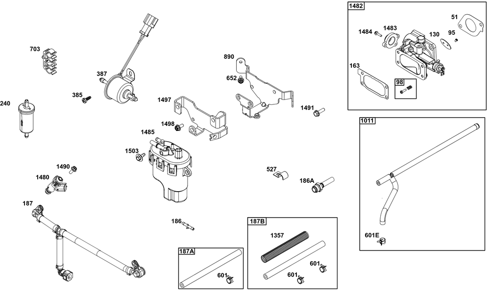 Throttle Body And Fuel Supply Group Diagram and Parts List for 61E877-0112-J1 400000 - 699999 Briggs and Stratton Engine